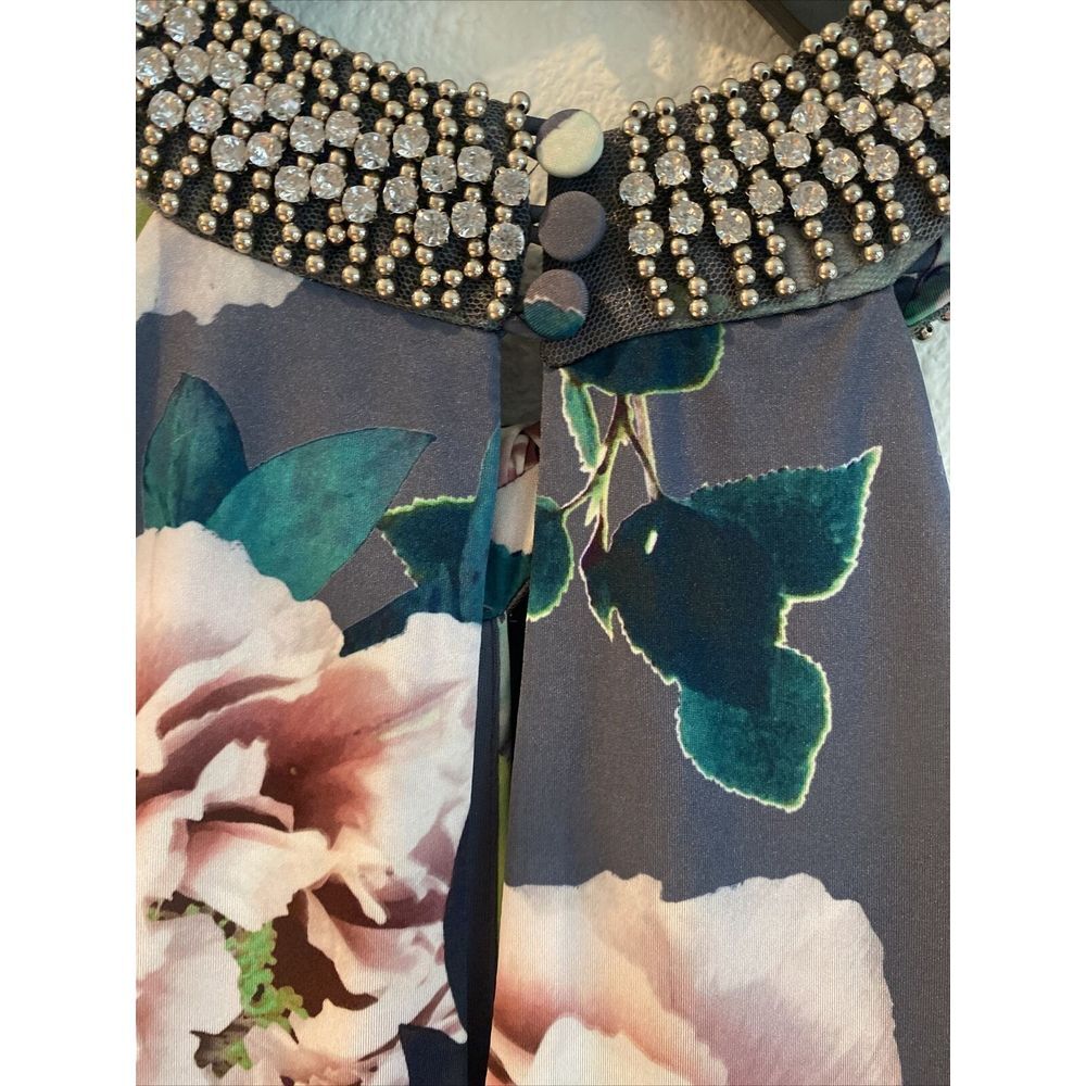 Women's Debut Gray Floral Neck Cross Rhinestone Dress Sz 6 US Or 10 London‎ - Picture 12 of 14